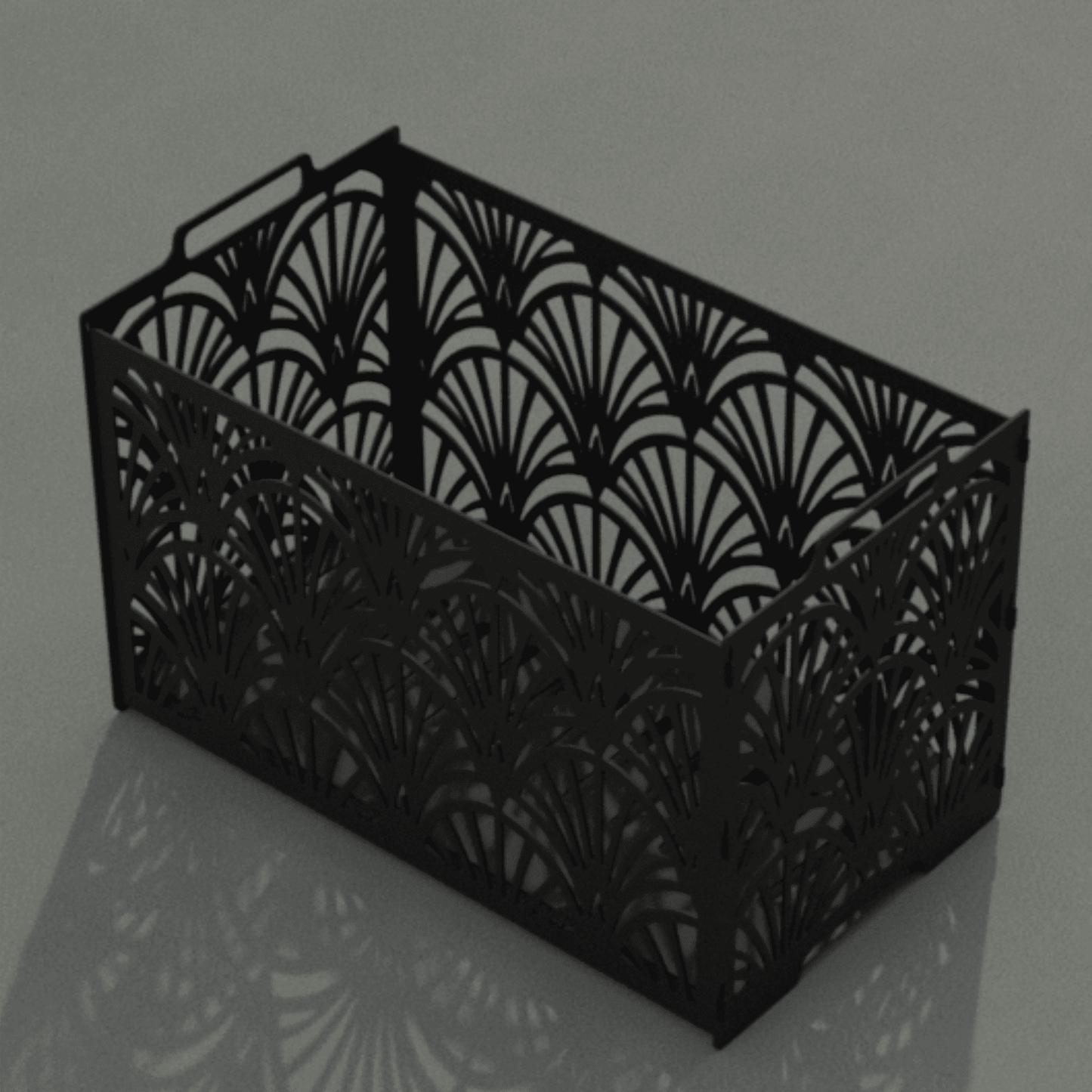 Decorative metal firewood holder with geometric Art Deco pattern