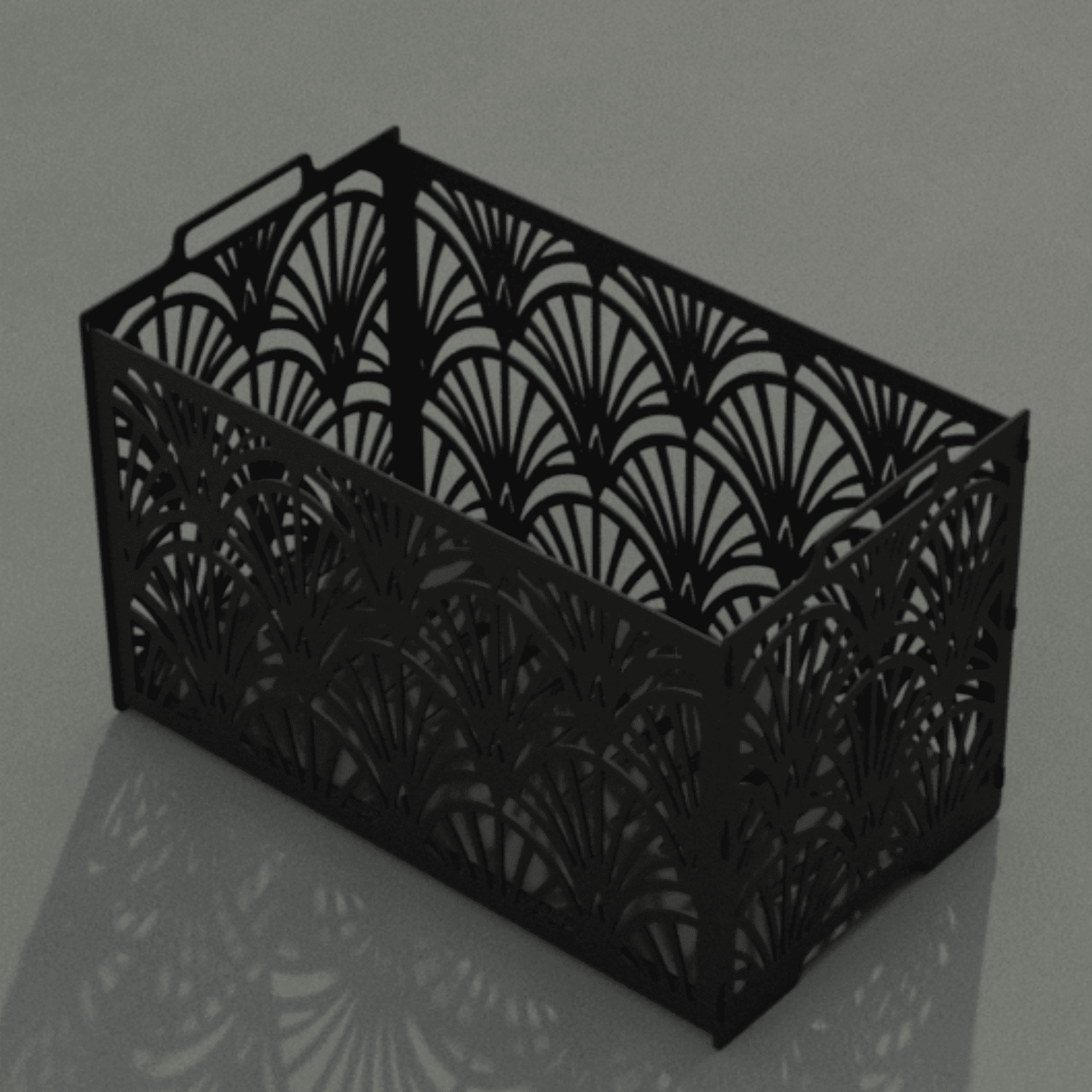 Decorative metal firewood holder with geometric Art Deco pattern