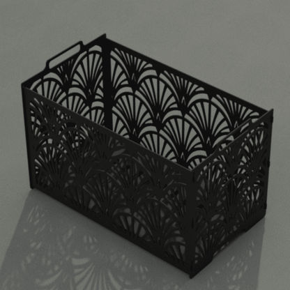 Decorative metal firewood holder with geometric Art Deco pattern