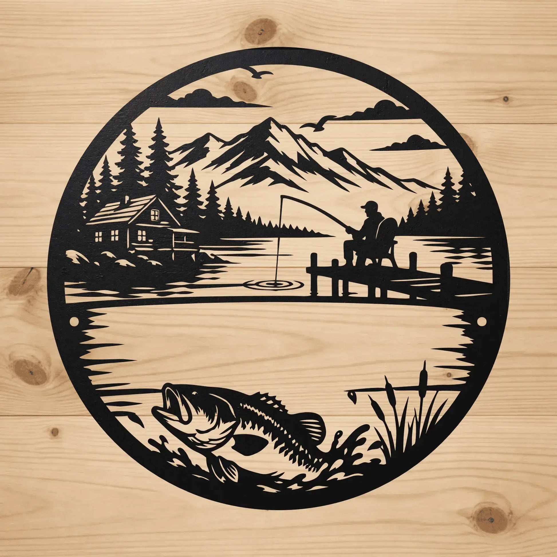 Round fishing lake metal decor SVG