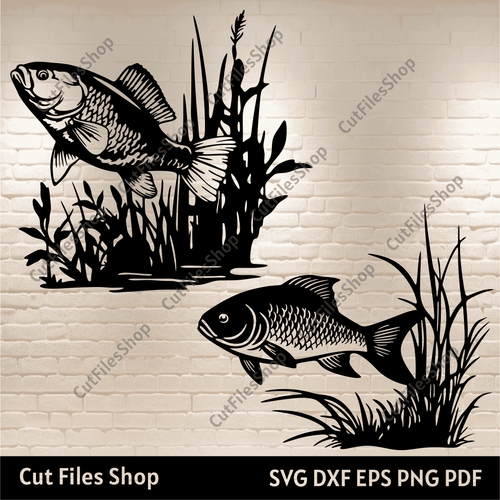 Fish scene Svg, Fishing Dxf, Cutting machine, Dxf for Cnc Router, Wall metal decor dxf, underwater life svg, cut files shop, cutting cnc files, crucian svg, perch fish svg