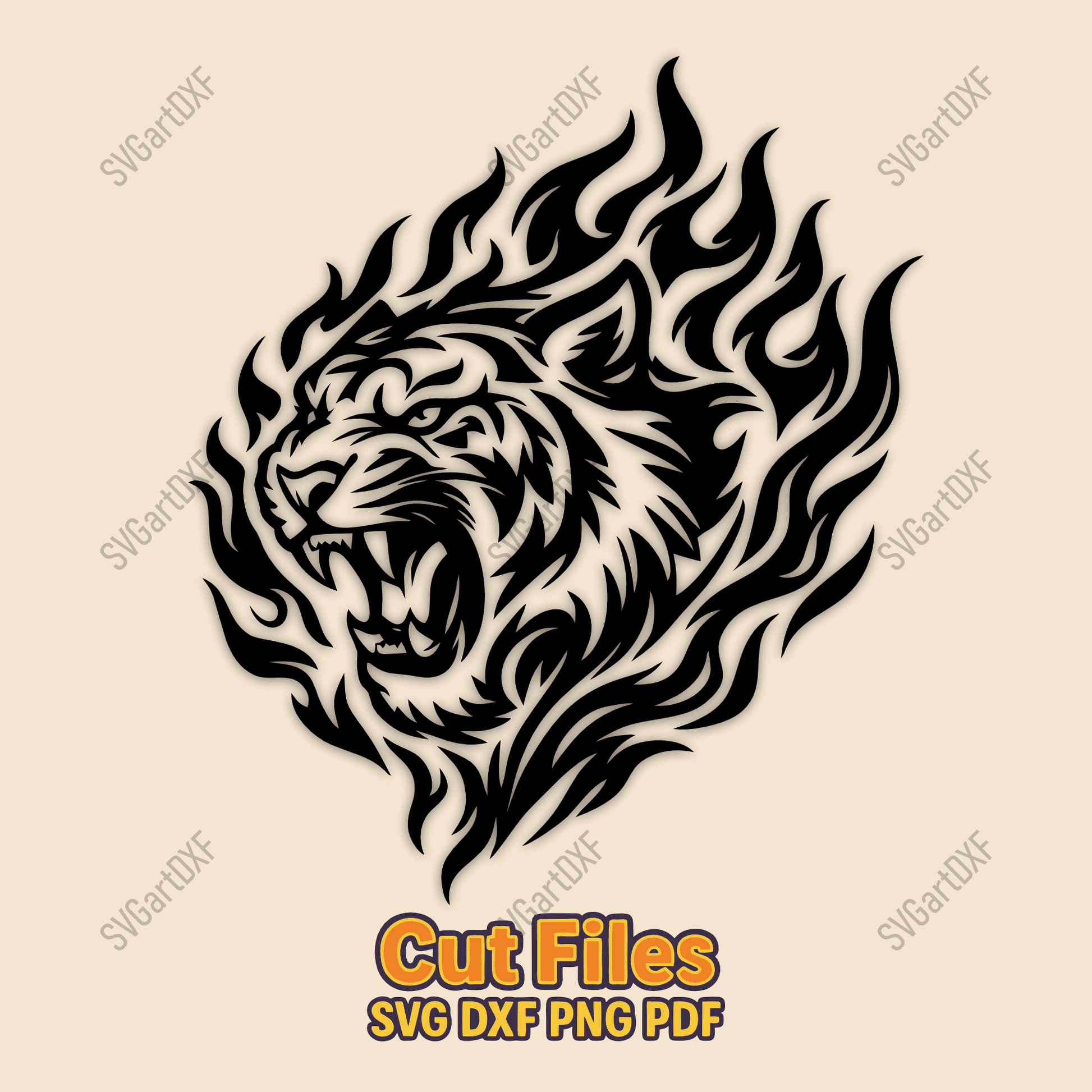 Flaming tiger head SVG DXF in tribal style for CNC laser cutting