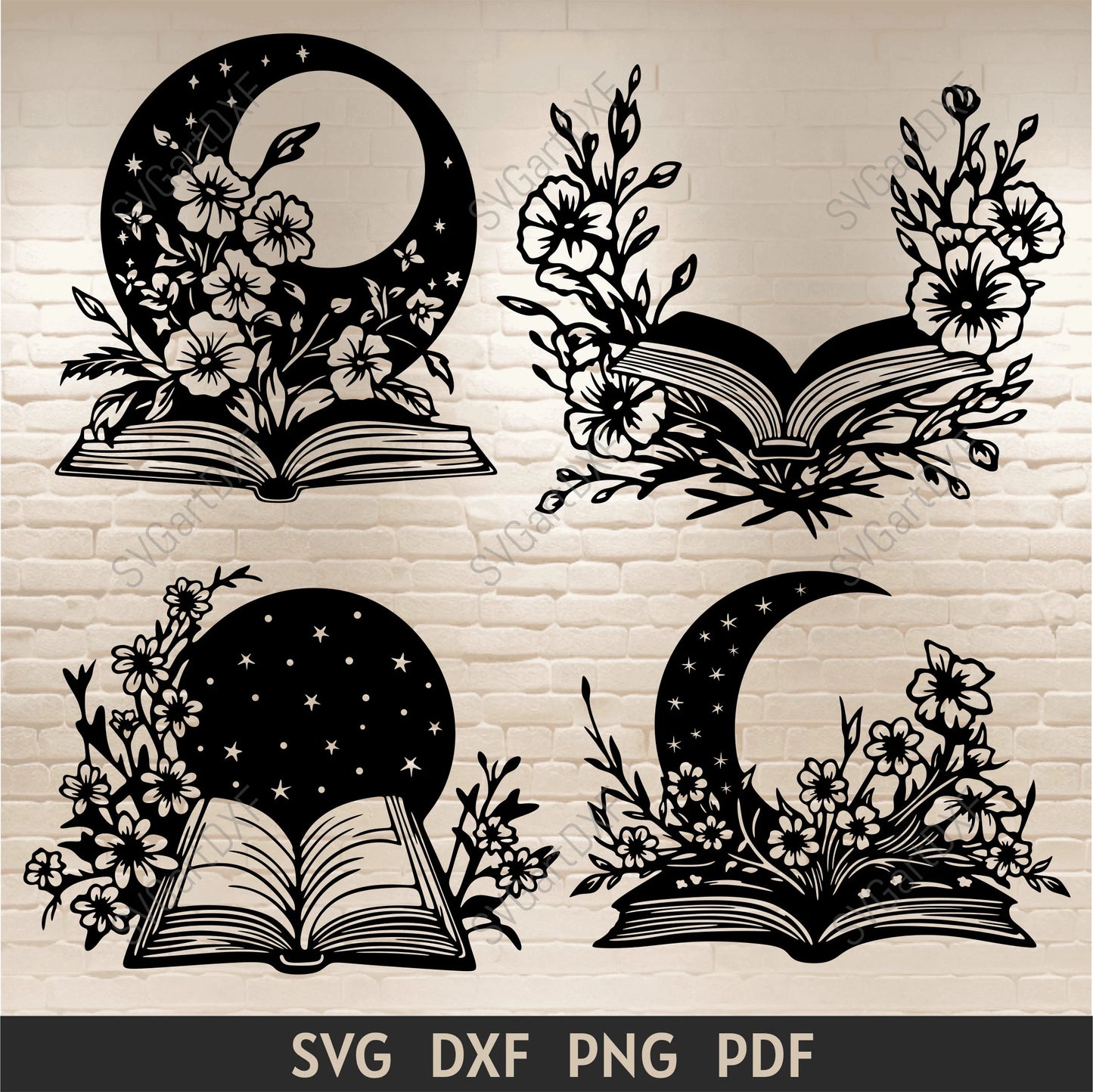 Floral book SVG bundle with four open book, flower, star, and crescent moon cut file designs.