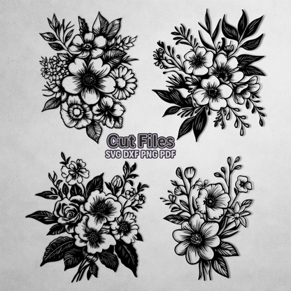 Botanical flower line art DXF file for CNC metal and wood engraving