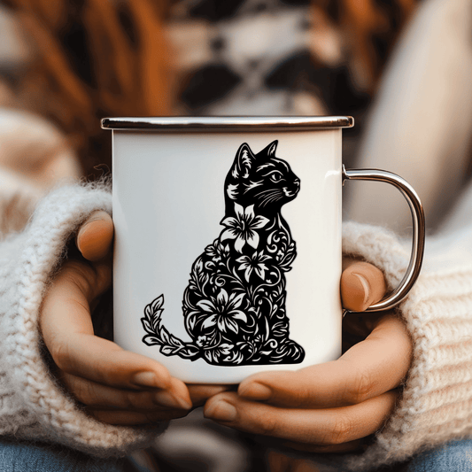 Floral Cat Silhouette SVG – DXF for Laser, Vinyl & Metal Art