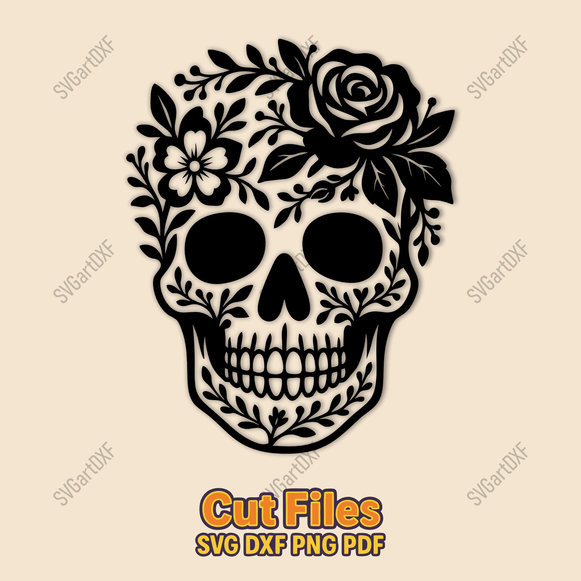 Floral skull SVG DXF design with roses for CNC and laser cutting