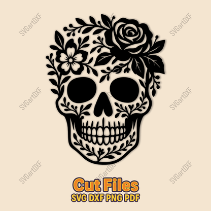 Floral skull SVG DXF design with roses for CNC and laser cutting