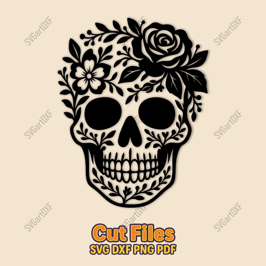 Floral skull SVG DXF design with roses for CNC and laser cutting