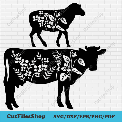 Floral Farm Animals svg for Cricut, Farm animals Dxf for laser cut, Cow svg, Sheep svg, Animals stencil dxf for Cnc Plasma, Farm life svg, cow cut file, sheep dxf for laser, farm dxf, silhouette farm animals