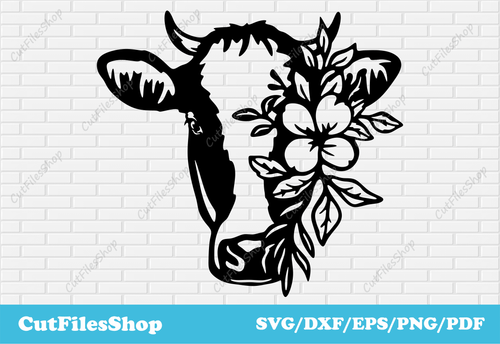 Floral cow dxf for laser cut, cow with flowers svg file for cricut, t-shirt vector designs, beautiful svg files, cow svg for laser engraver, dxf engraving files, farm cow svg, wall designs svg, stickers vector, free svg cutting files