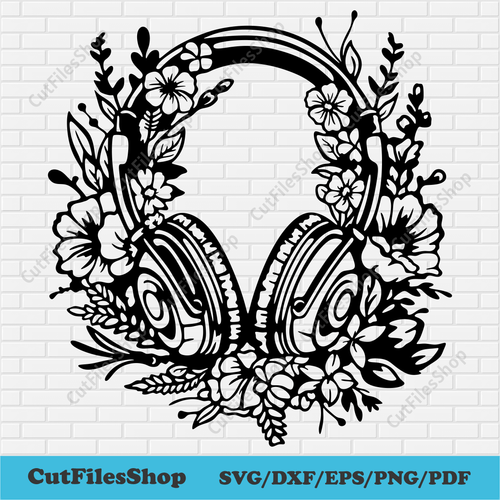Floral Headphones Svg, Headphones DXF for Laser, Headphones Clipart, Headphones svg cut file, flowers svg, Sublimation clip art, free dxf files, arts craft, vector store, paper cut svg, where to download svg files, svg art, free dxf for cnc
