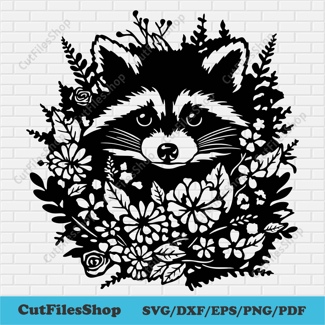 Floral Raccoon svg, Raccon with Flowers svg, Dxf animals for Laser cut, Raccoon Cut files For Cricut, Flowers Animal Svg, Animals face Svg file, Cute head animal Svg, Animals cut file, flowers svg free, sublimation flowers svg, Raccoon with flowers in boho style SVG, Cute raccoon in a flower wreath