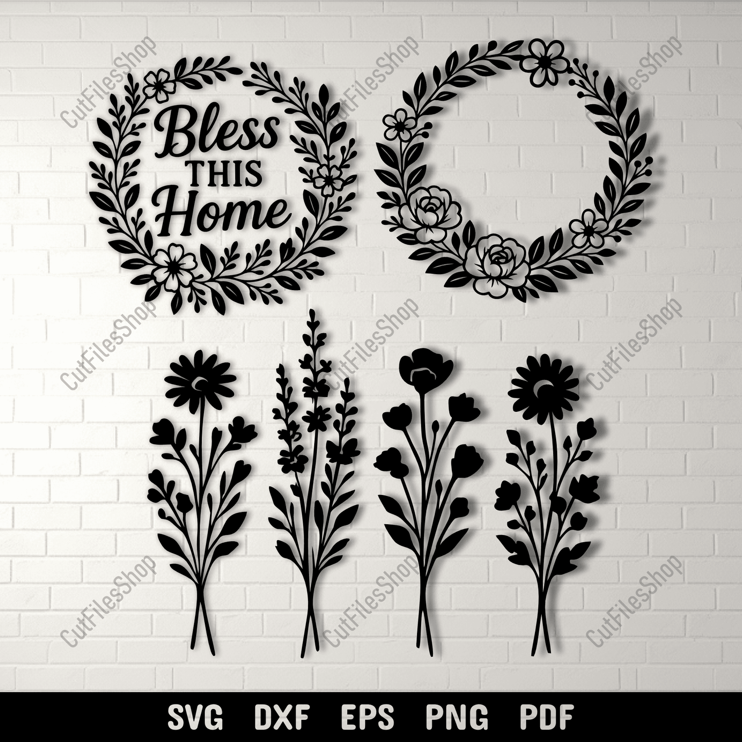 Floral wreath SVG with Bless This Home quote