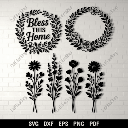 Floral wreath SVG with Bless This Home quote