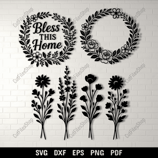 Floral wreath SVG with Bless This Home quote