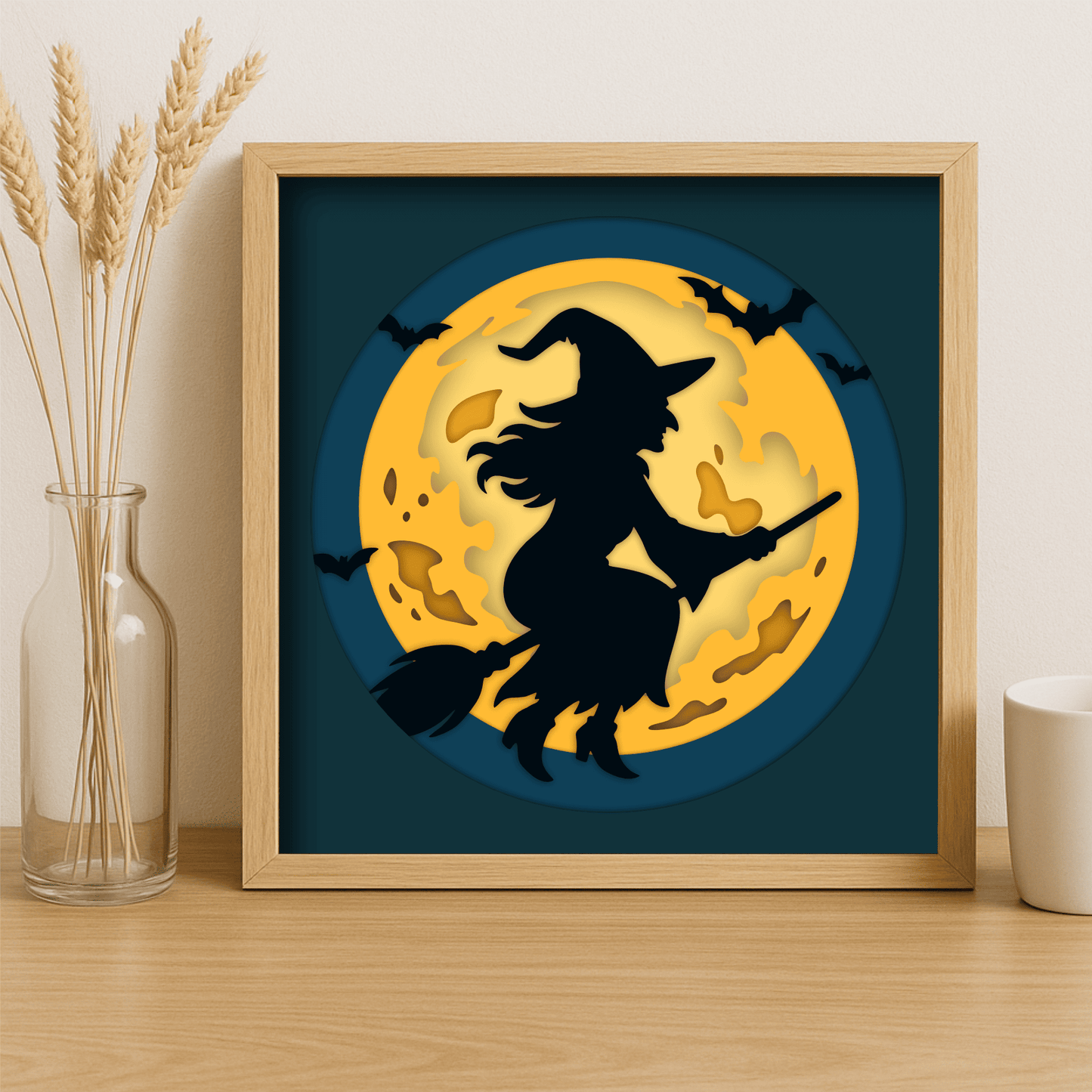 Witch on broom Halloween 3D shadow box SVG DXF EPS PDF layered template