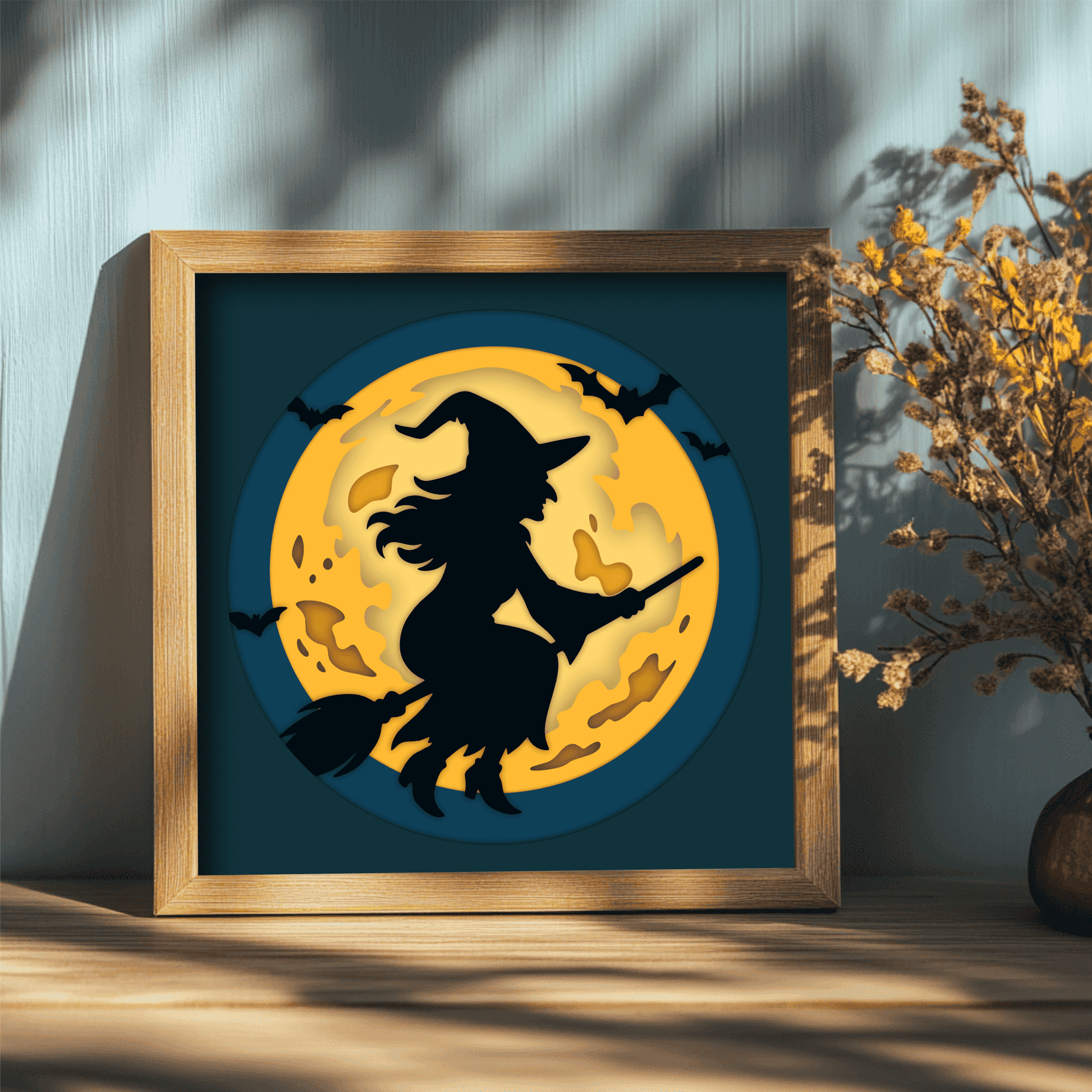 Halloween moon scene layered witch silhouette cutting file for Cricut