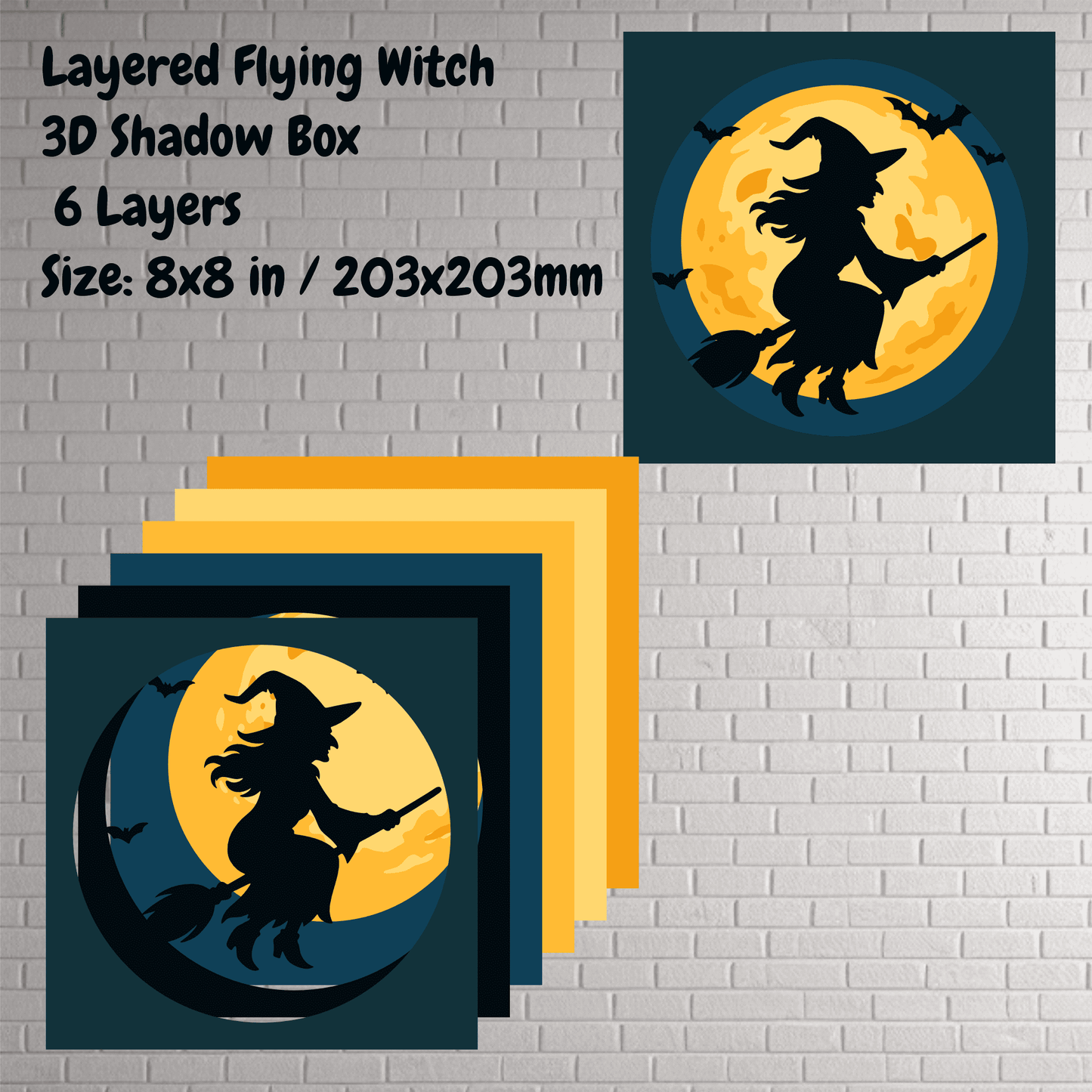 Layered Halloween silhouette 3D shadow box with moon and witch