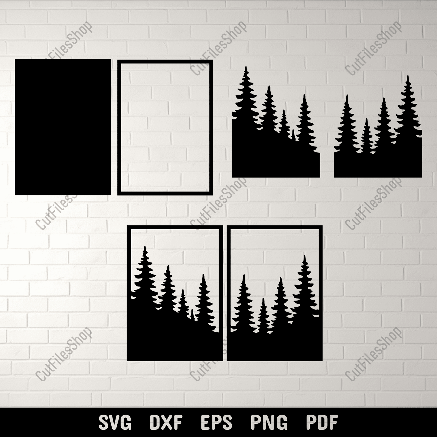 Forest pine tree silhouette wall art set