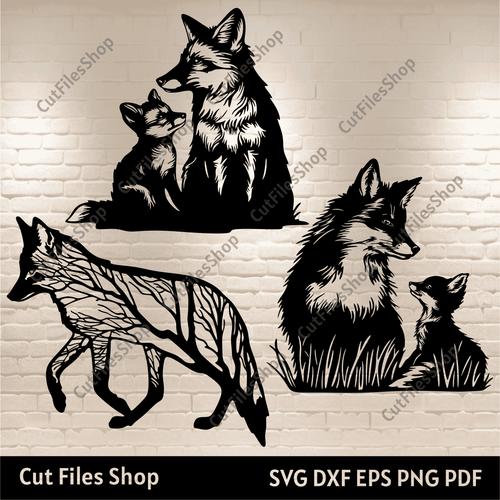 Foxes Dxf for Laser cut, Fox Tree dxf for Plasma, Baby fox Svg for Cricut, Foxes Silhouette Dxf, Svg for CNC Router, mother fox svg, foxes scene dxf svg, fox wall metal decor dxf, free cnc design, download svg files for cricut design space, wild animals svg, wildlife dxf for laser