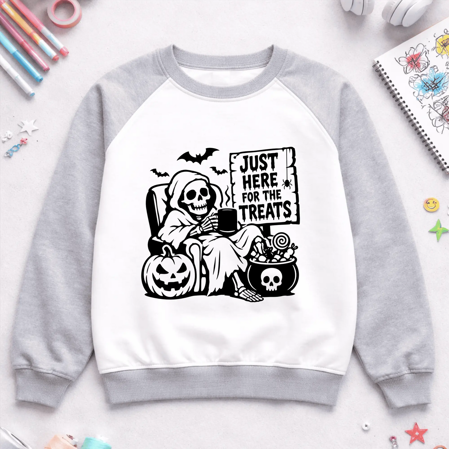 Halloween skeleton cut file with pumpkin, bats and candy cauldron