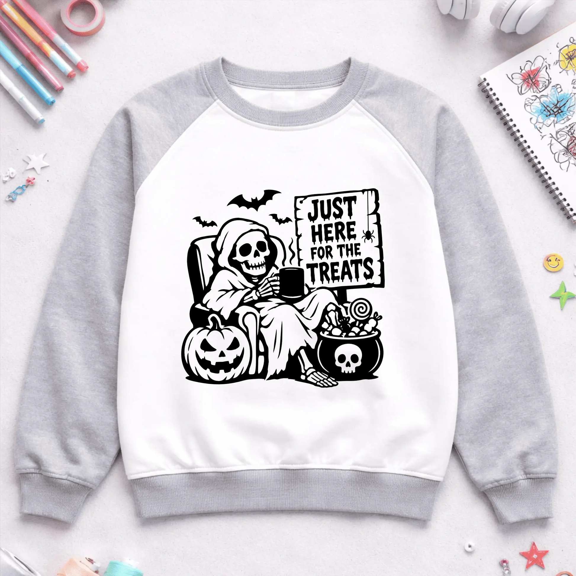 Halloween skeleton cut file with pumpkin, bats and candy cauldron