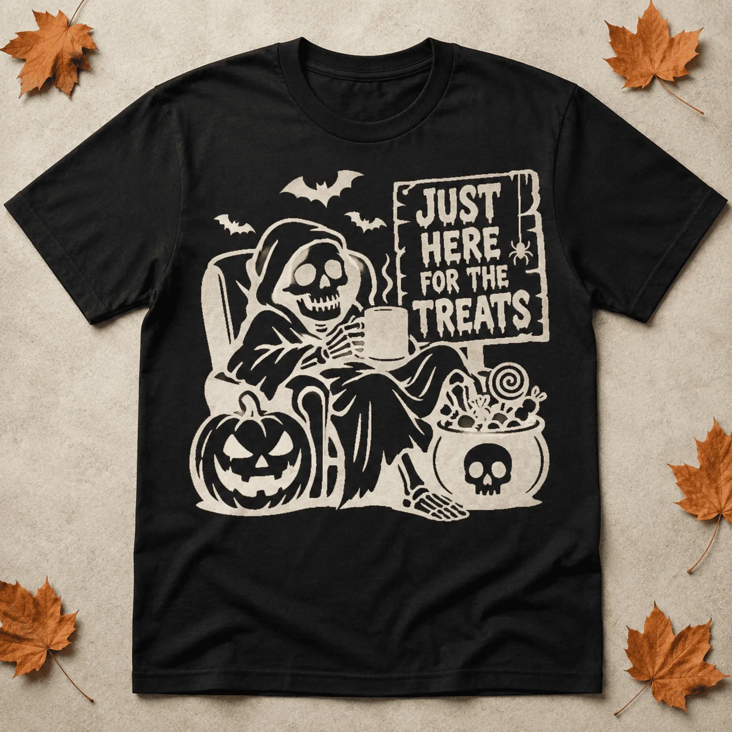 Just Here for the Treats design printed on a black Halloween shirt