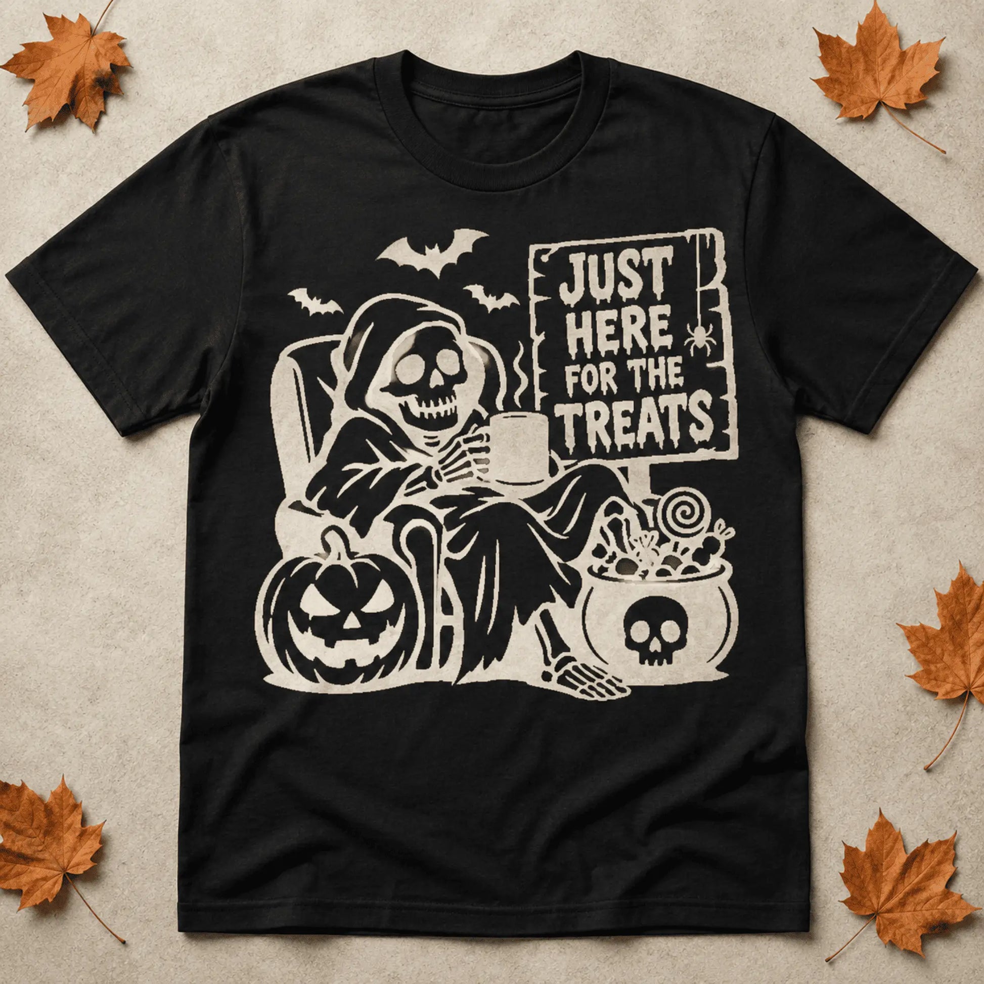 Just Here for the Treats design printed on a black Halloween shirt