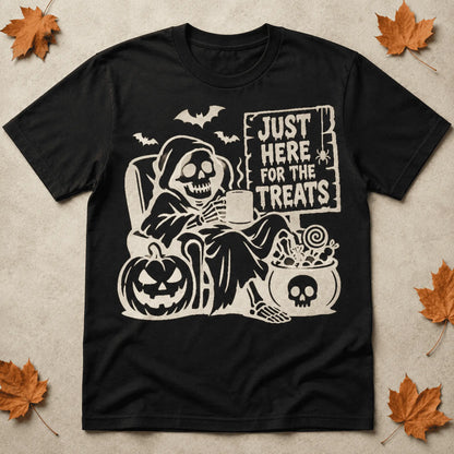 Just Here for the Treats design printed on a black Halloween shirt