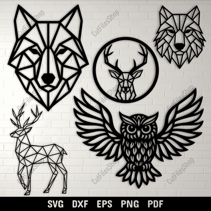Geometric wolf deer owl wall art set