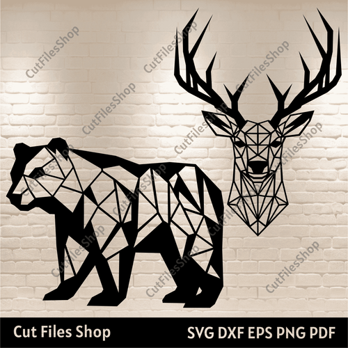 Geometric Animals Dxf for Cnc, Geometric Deer Dxf Svg for Cricut, Geometric Bear dxf for cnc router, geometric head deer svg, cnc cutting wall decor, flat wall decor dxf, geometric dxf for cnc metal cutting