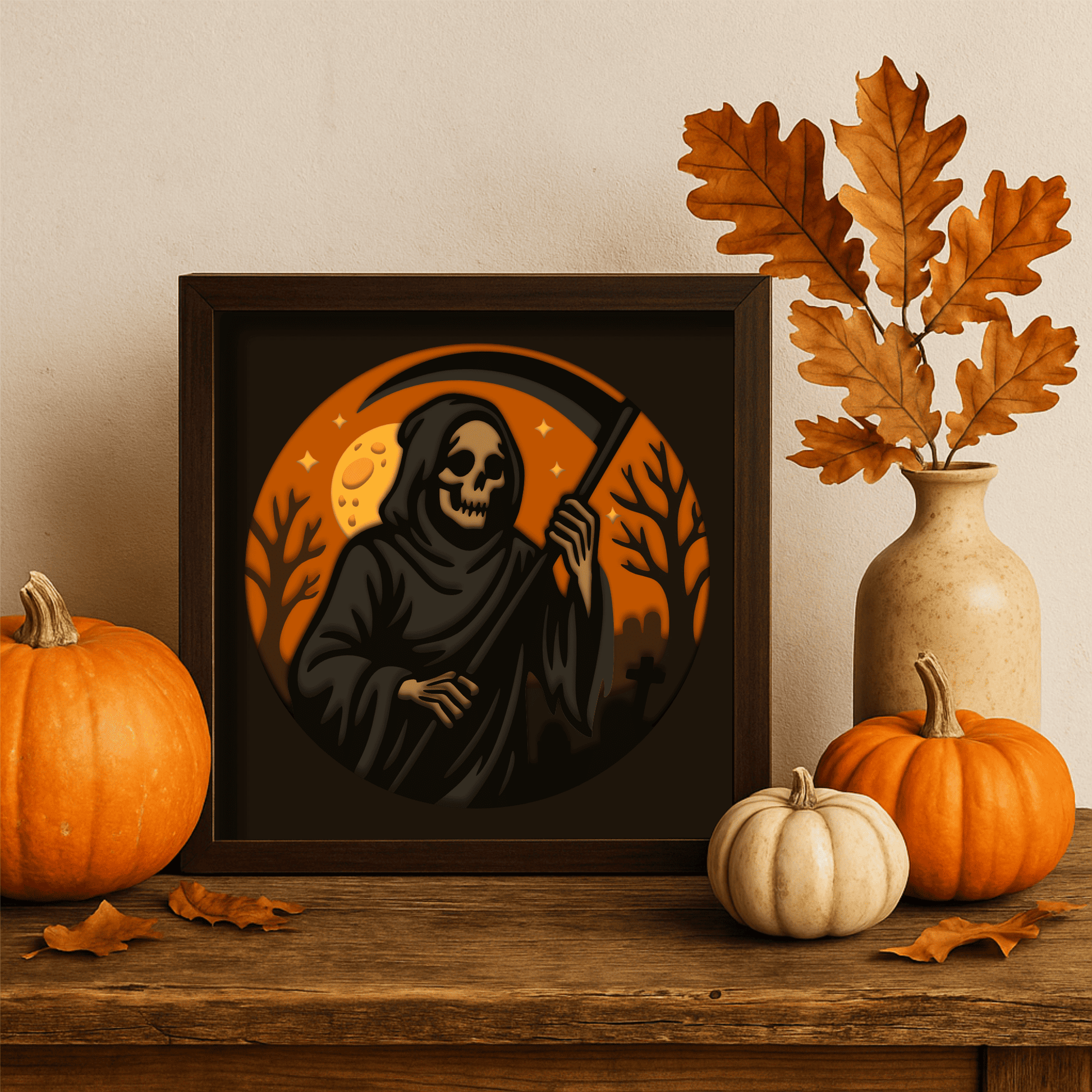 Spooky layered Halloween cutting file with skull and scythe