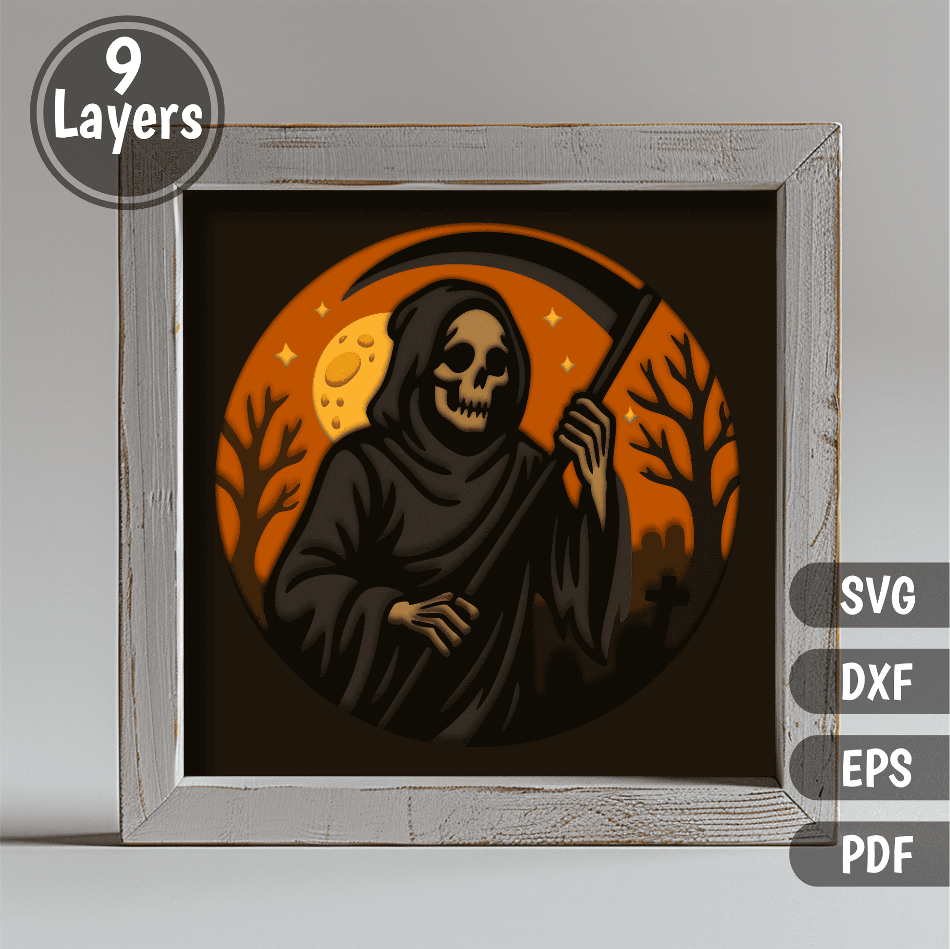 Graveyard night scene 3D shadow box with skeleton and moon
