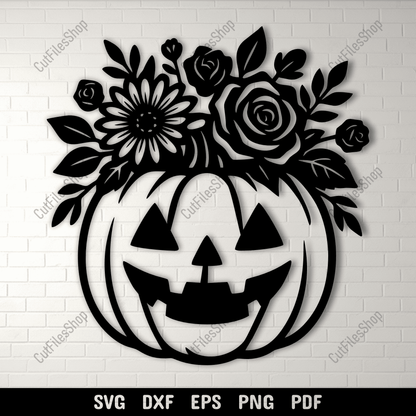 Halloween floral pumpkin SVG cutting file with flowers and leaves