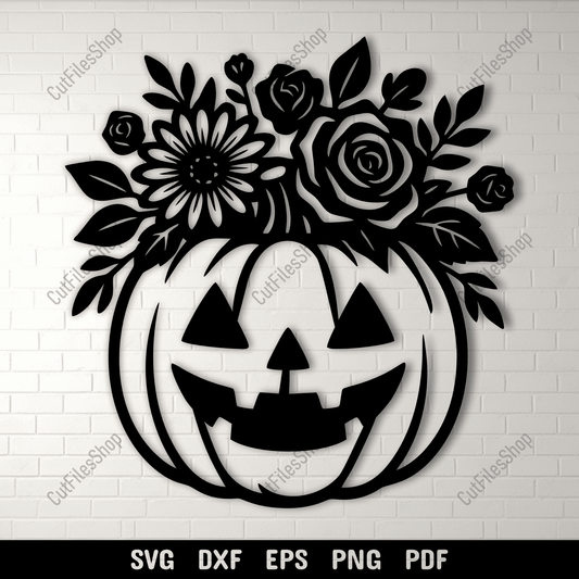Halloween floral pumpkin SVG cutting file with flowers and leaves