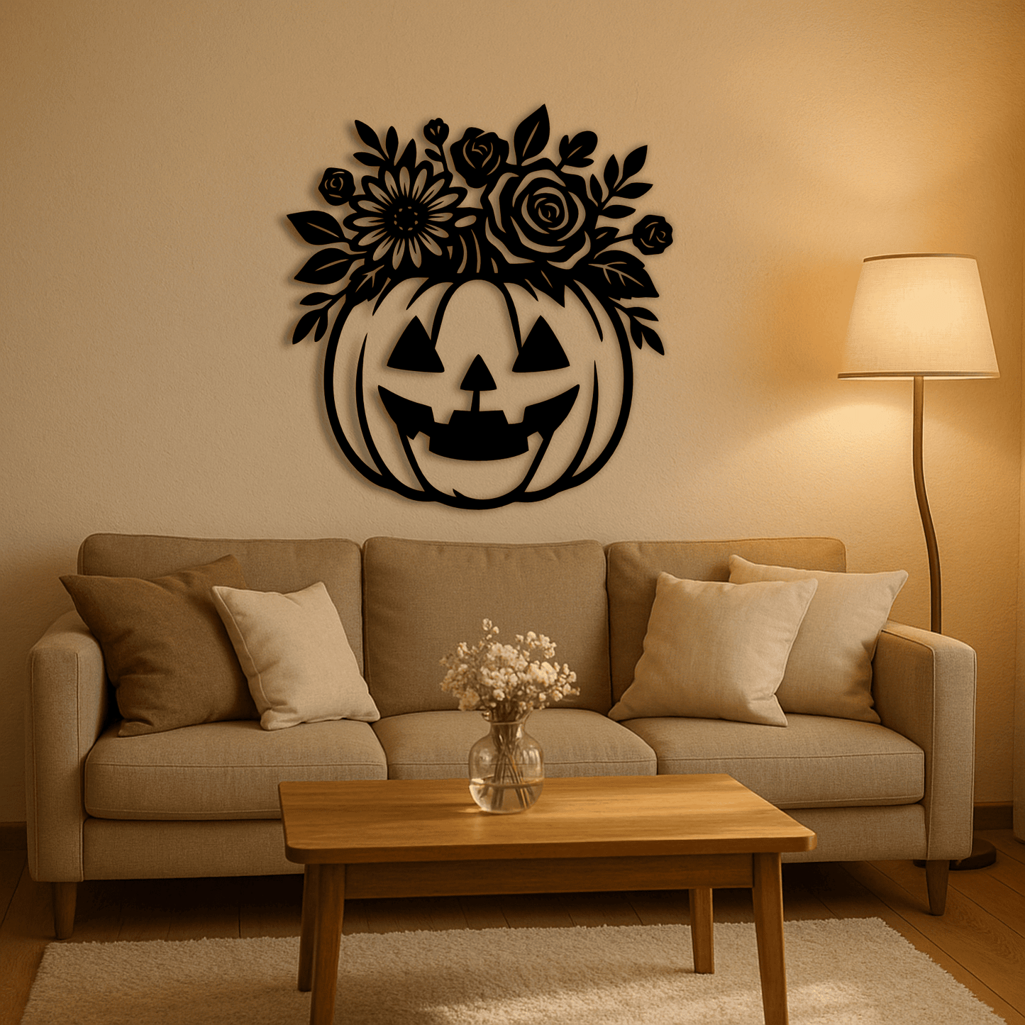 Jack-o’-lantern SVG template with roses and daisies for Glowforge