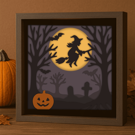Flying witch Halloween 3D shadow box SVG DXF EPS PDF layered design