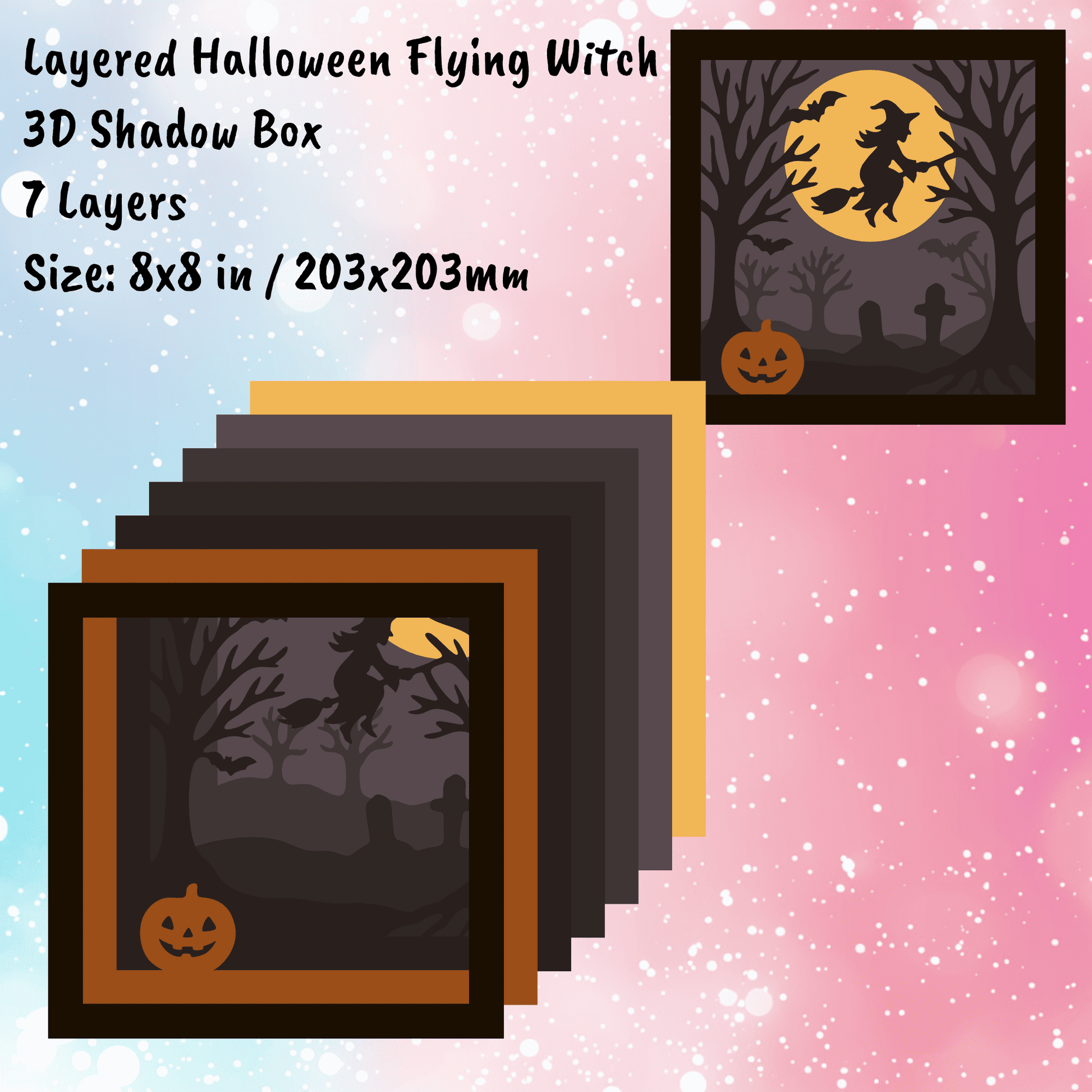 Witch on broomstick 3D shadow box for laser and CNC cutting