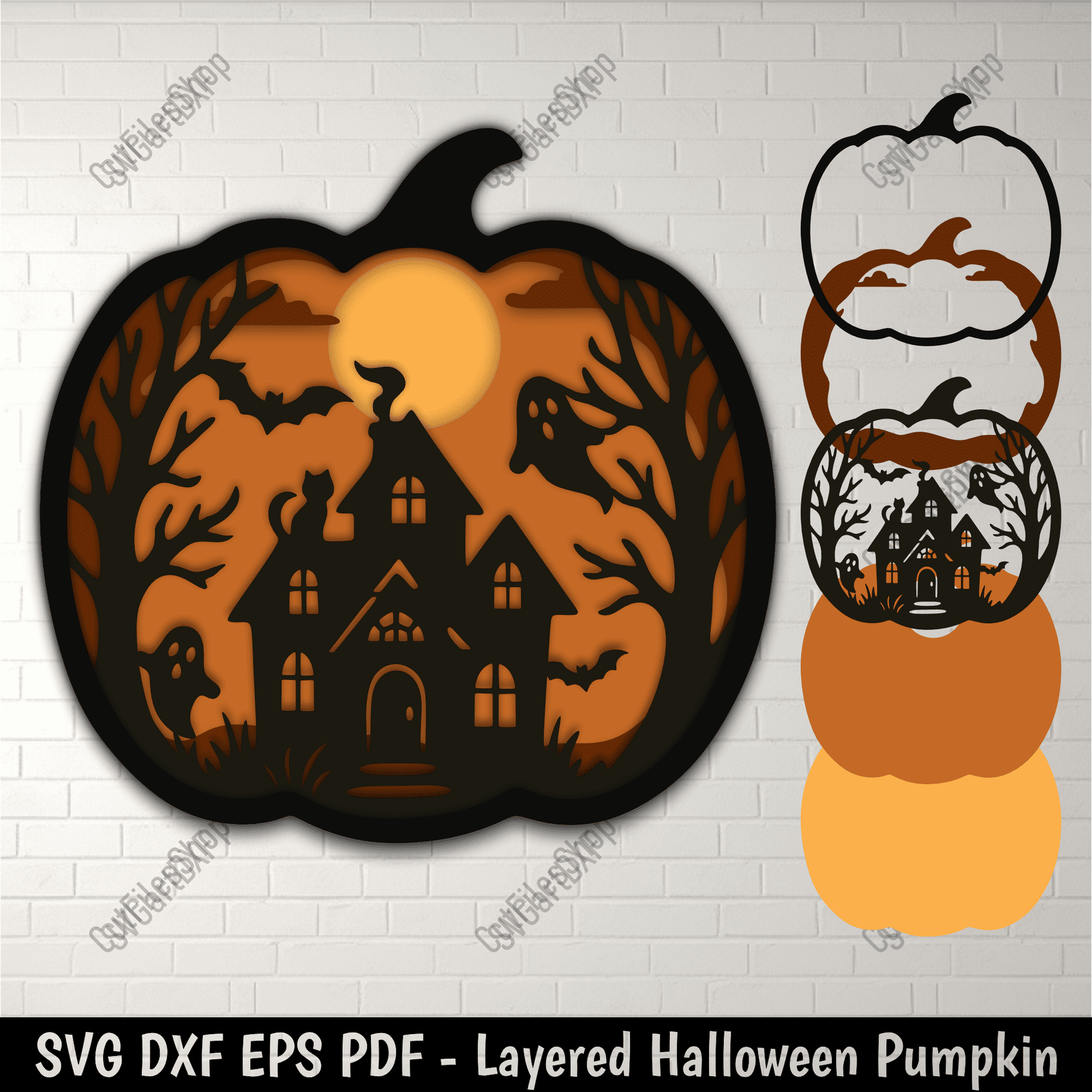 Haunted pumpkin 3D shadow box SVG DXF EPS PDF layered paper cut design