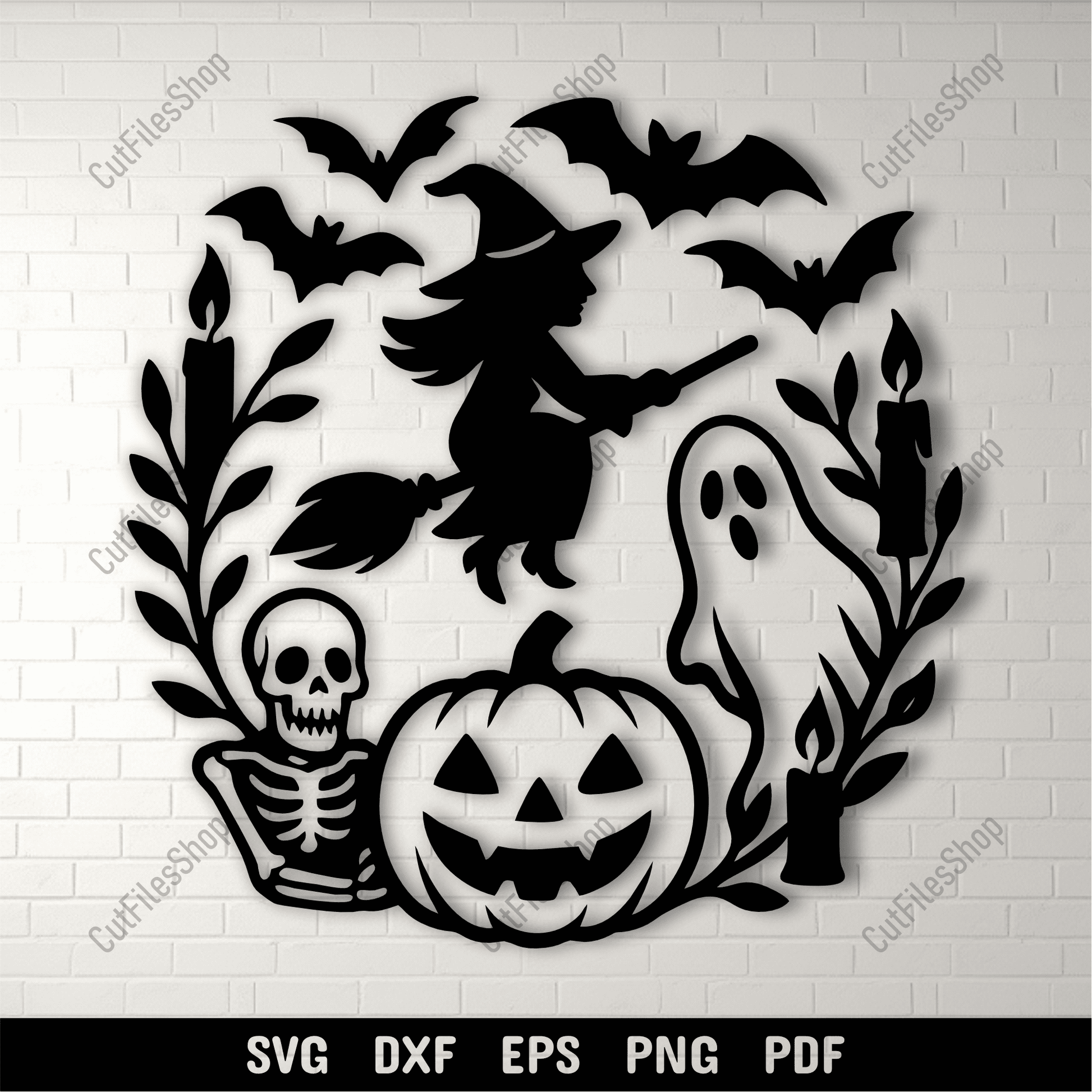 Halloween round SVG cutting file with witch, ghost, and pumpkin