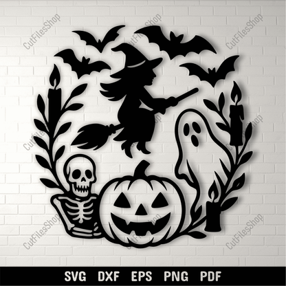 Halloween round SVG cutting file with witch, ghost, and pumpkin