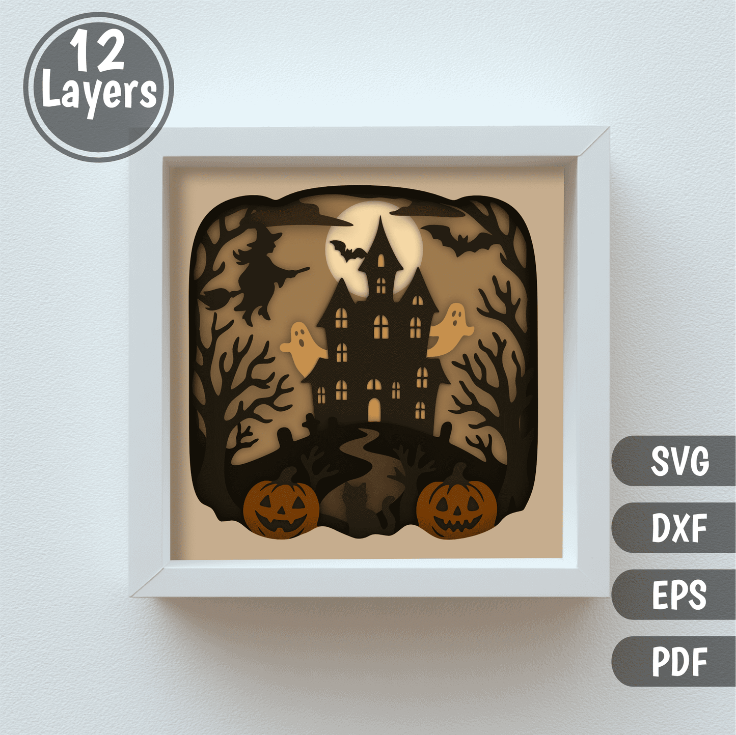 Witch, ghosts, and pumpkins 3D shadow box for Glowforge and laser