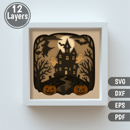 Witch, ghosts, and pumpkins 3D shadow box for Glowforge and laser