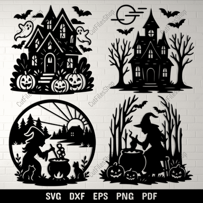 Halloween scenes SVG bundle with haunted houses witches and pumpkins