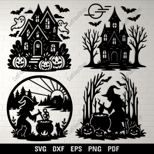 Halloween scenes SVG bundle with haunted houses witches and pumpkins