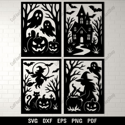 Halloween scene panels SVG DXF PNG for CNC laser cutting