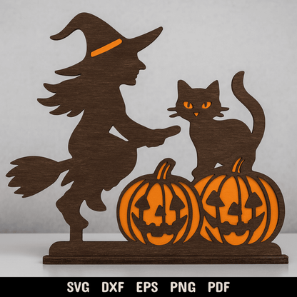 Halloween Witch Cat Pumpkin Statue – Layered SVG DXF Files for Laser Cutting