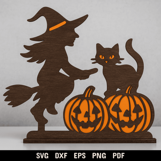 Halloween Witch Cat Pumpkin Statue – Layered SVG DXF Files for Laser Cutting