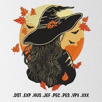 Witch woman embroidery design with hat and autumn leaves for Halloween projects