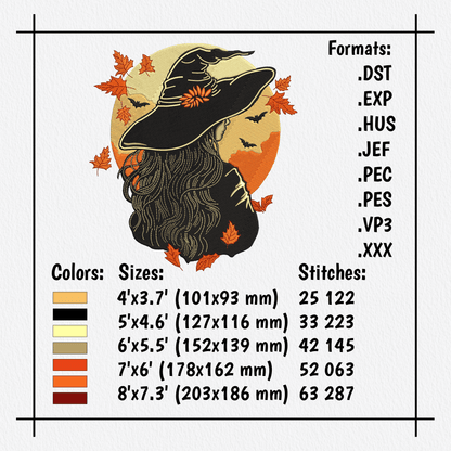 Halloween witch embroidery design featuring bats, orange moon, and falling leaves